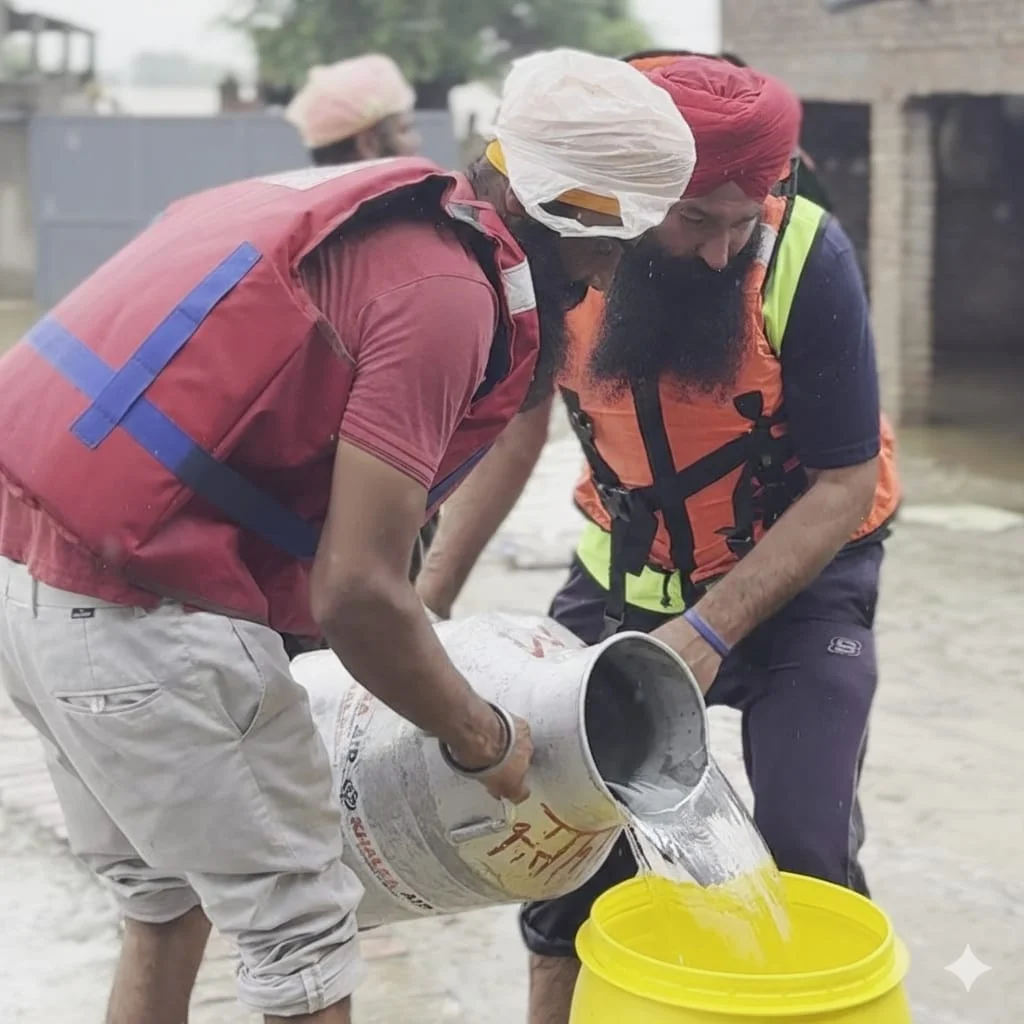 Volunteers providing safe drinking water to flood victims in Punjab 2025